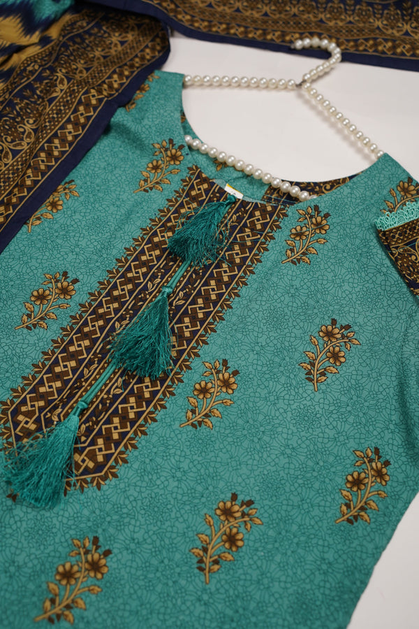 Rozi - Printed Linen  Outfit With Shawl  - Ready to Wear PD145