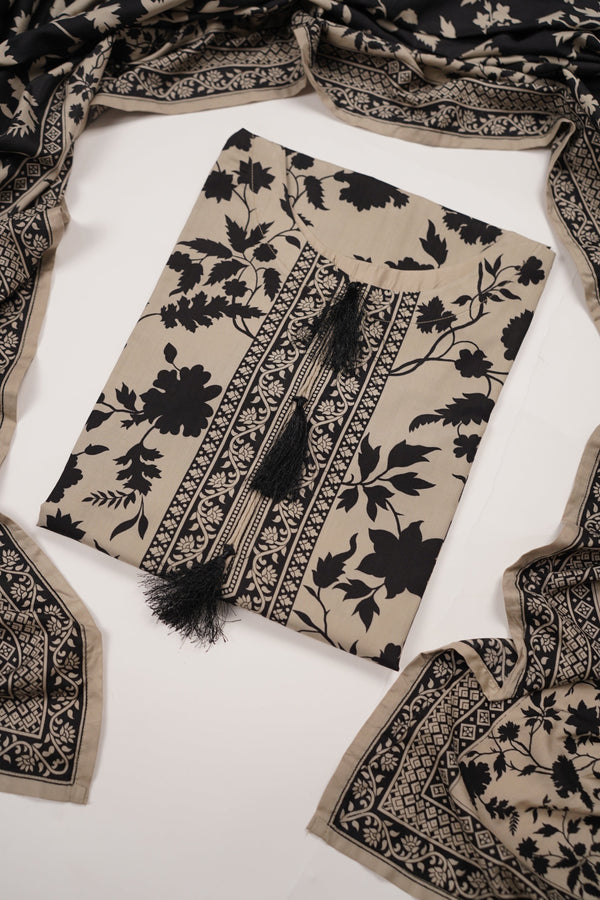 Rozi - Printed Linen  Outfit With Shawl  - Ready to Wear PD146