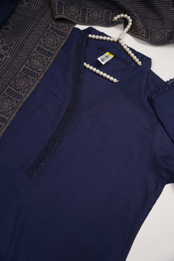 Rozi - Kurta Style -Loose Fit Linen Outfit 2 Piece - Ready to Wear -  SB-220 Navy Blue