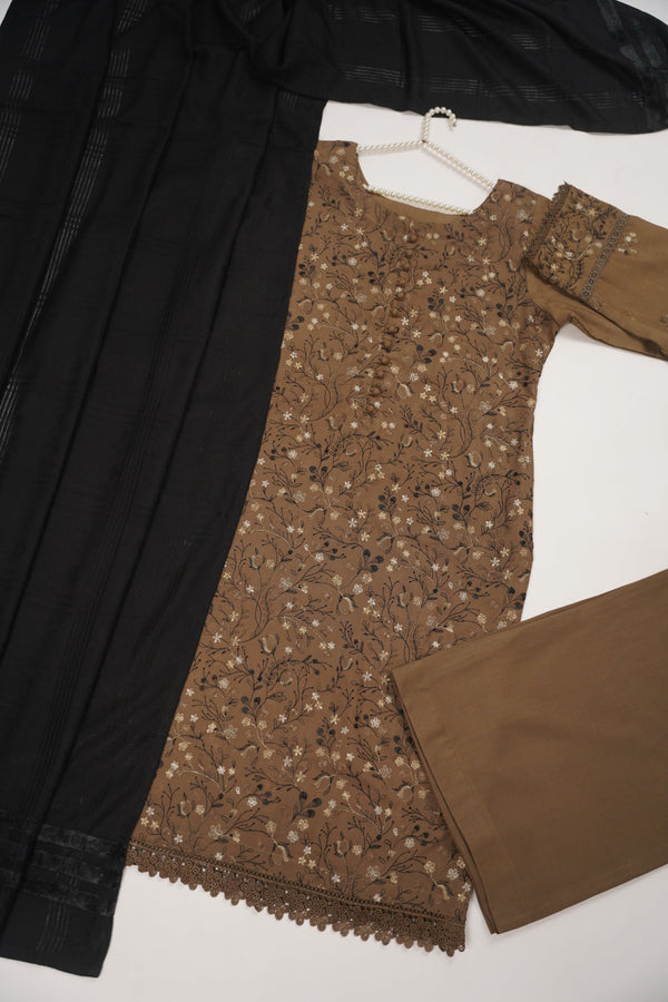 Rozi - Exclusive Embroidered Dhanak  Outfit with  Shawl - Ready to Wear - SB223