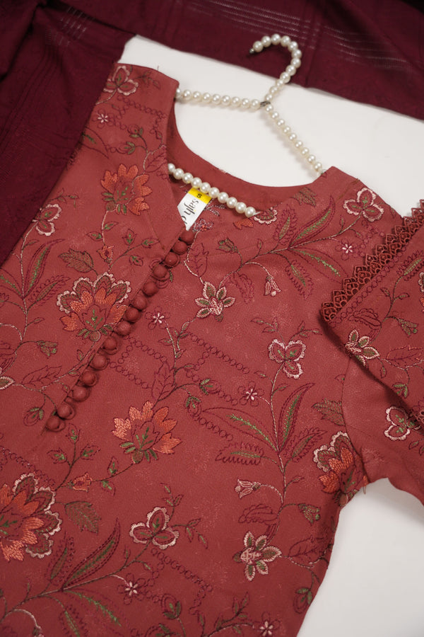 Rozi - Exclusive Embroidered Dhanak  Outfit with  Shawl - Ready to Wear - SB225