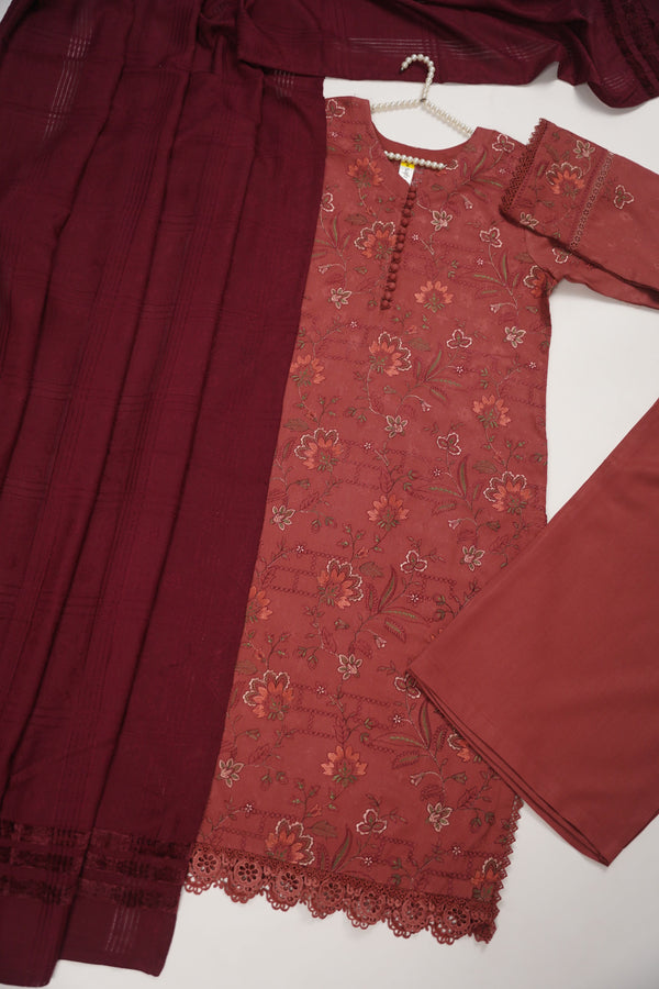 Rozi - Exclusive Embroidered Dhanak  Outfit with  Shawl - Ready to Wear - SB225