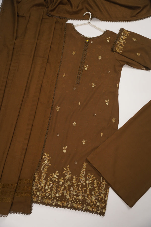 Rozi - Exclusive Embroidered Dhanak  Outfit with  Shawl - Ready to Wear - SB224