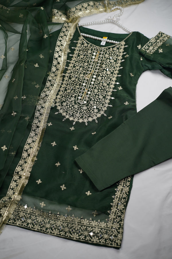 Naqsh - Organza Ready to Wear Mirror Suit in Emeral Green
