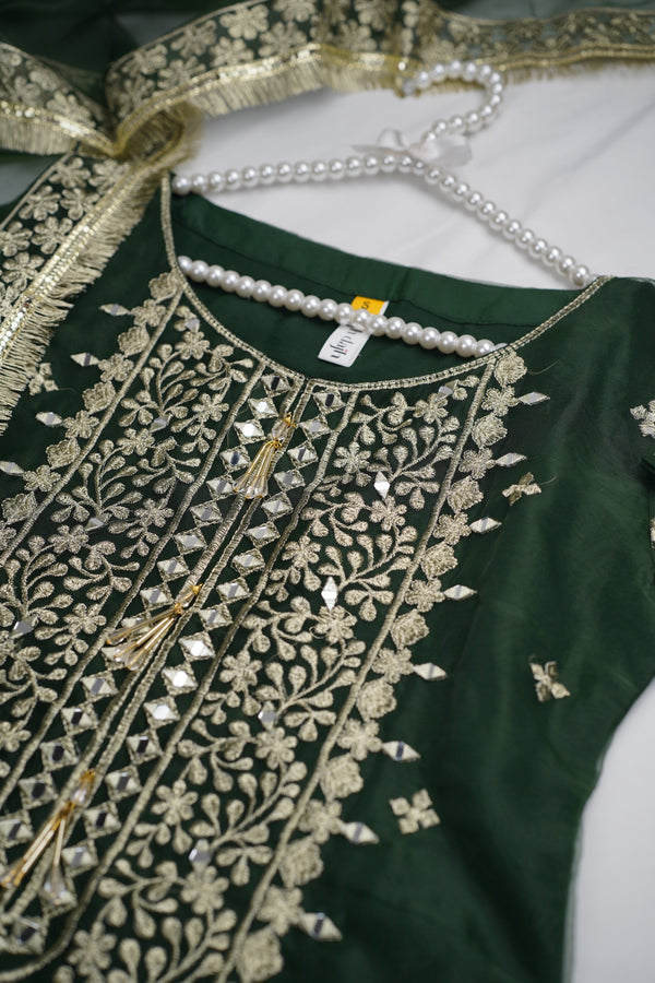 Naqsh - Organza Ready to Wear Mirror Suit in Emeral Green