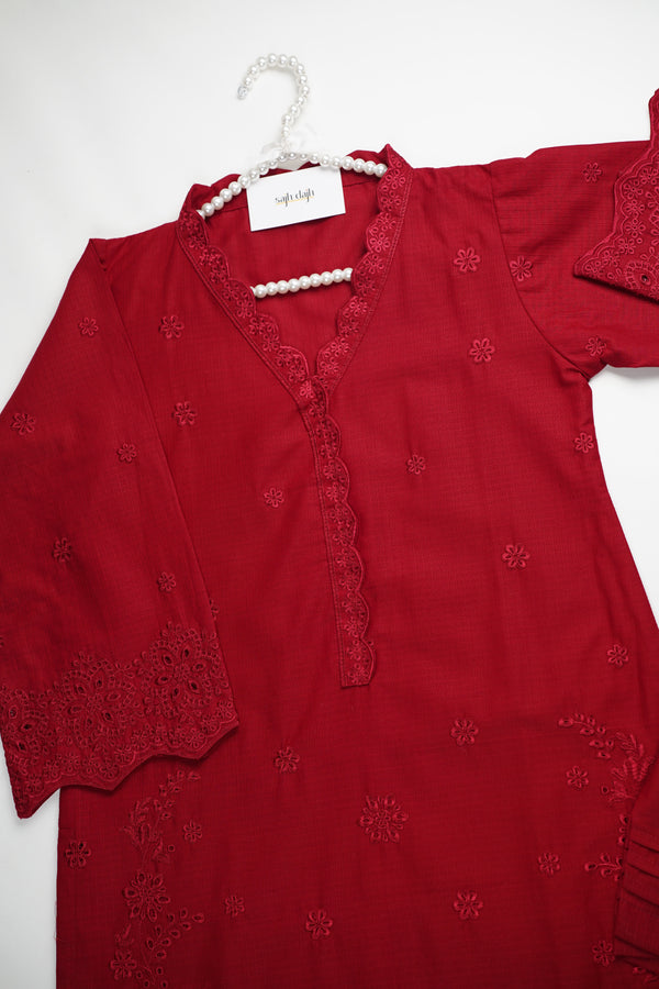Muhazzib - Red Embroidered Slub Cotton Shirt with Trouser - Ready to Wear