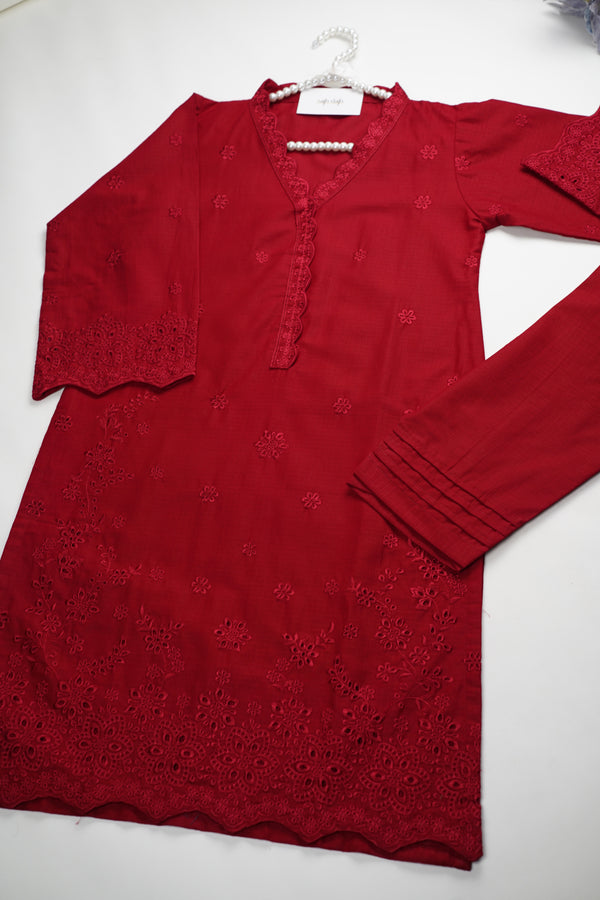 Muhazzib - Red Embroidered Slub Cotton Shirt with Trouser - Ready to Wear