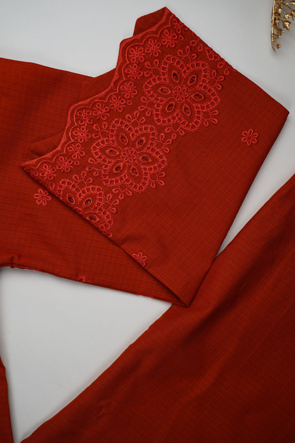 Muhazzib - Burnt Orange Embroidered Slub Cotton Shirt with Trouser - Ready to Wear