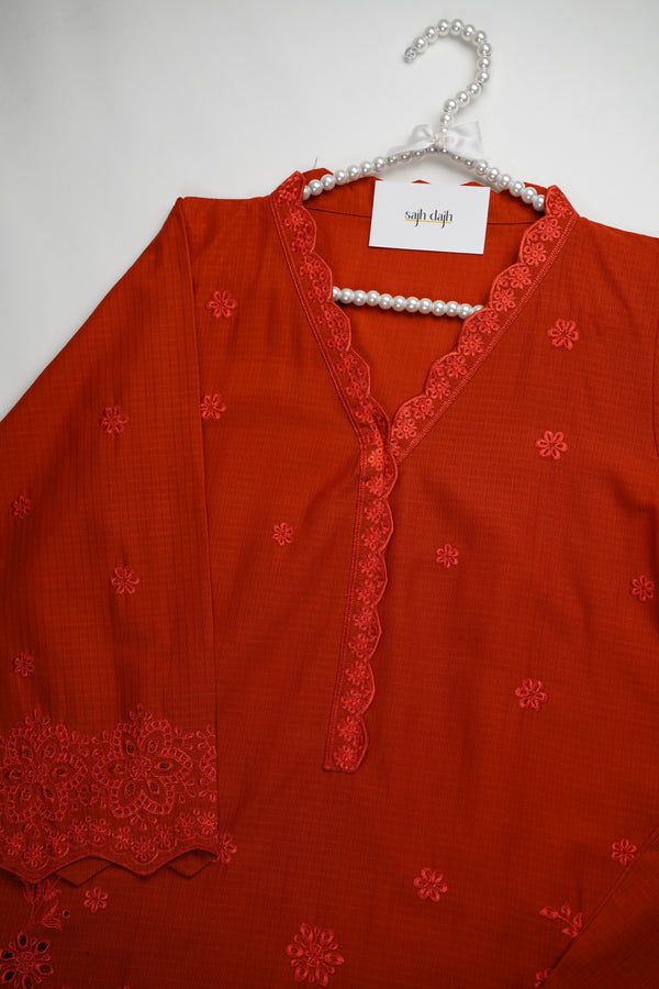 Muhazzib - Burnt Orange Embroidered Slub Cotton Shirt with Trouser - Ready to Wear