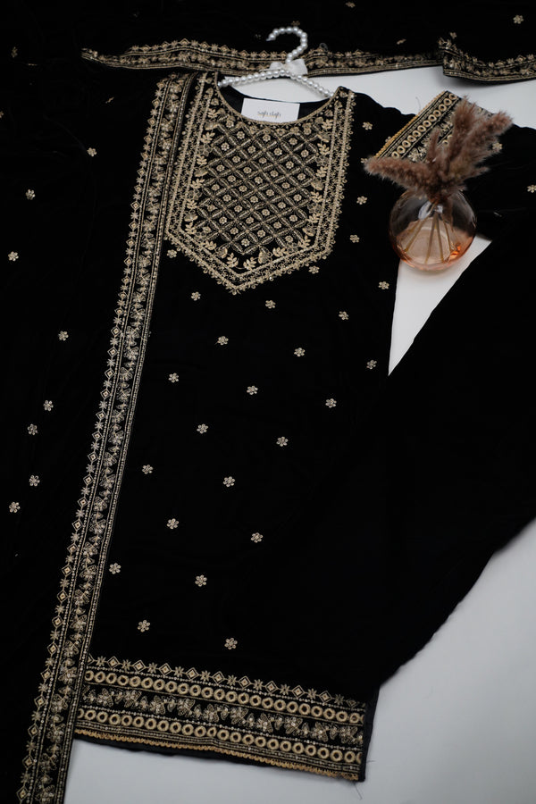 Rozi - Luxury Velvet Outfit with Embroidered Velvet Shawl - {Black}