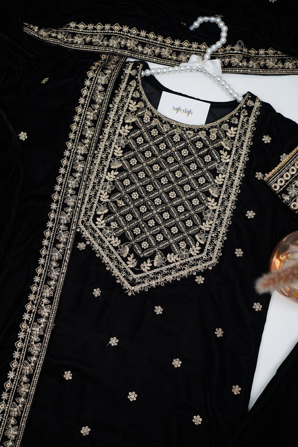 Rozi - Luxury Velvet Outfit with Embroidered Velvet Shawl - {Black}