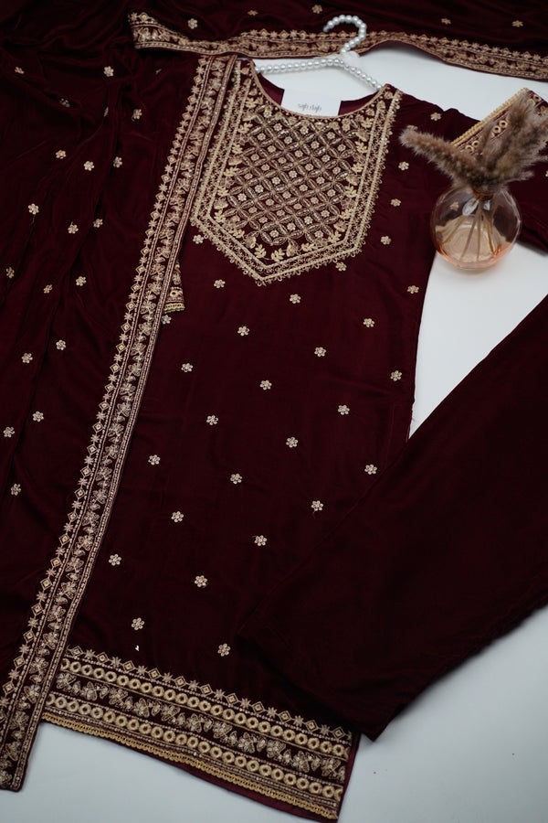 Rozi - Luxury Velvet Outfit with Embroidered Velvet Shawl - {Maroon}