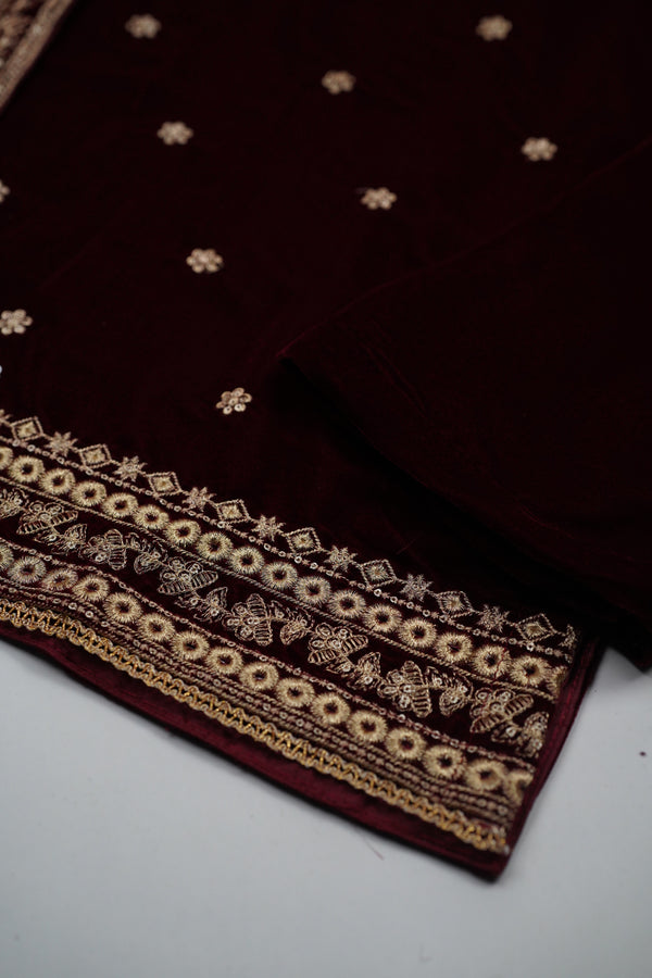 Rozi - Luxury Velvet Outfit with Embroidered Velvet Shawl - {Maroon}