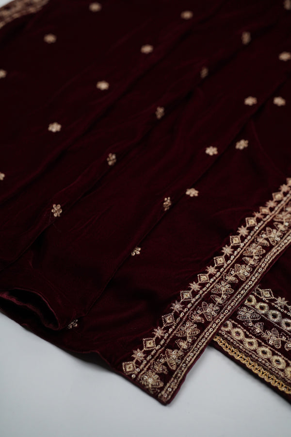 Rozi - Luxury Velvet Outfit with Embroidered Velvet Shawl - {Maroon}