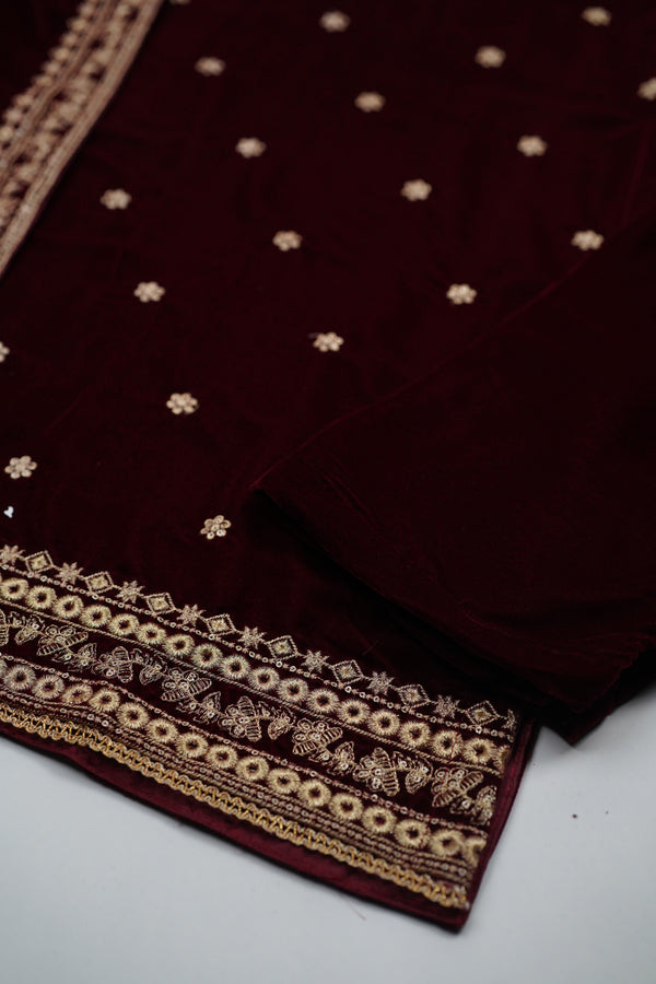 Rozi - Luxury Velvet Outfit with Embroidered Velvet Shawl - {Maroon}