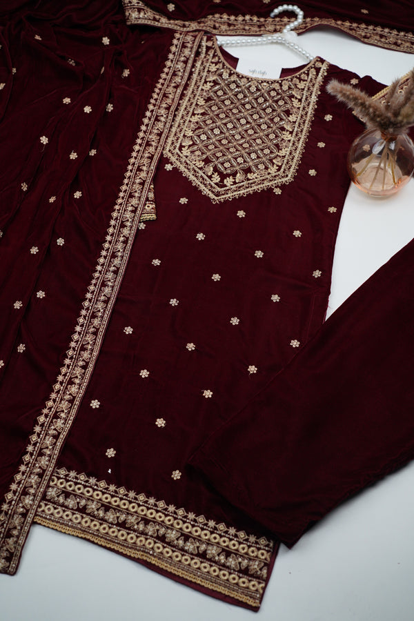 Rozi - Luxury Velvet Outfit with Embroidered Velvet Shawl - {Maroon}