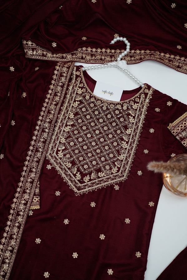 Rozi - Luxury Velvet Outfit with Embroidered Velvet Shawl - {Maroon}