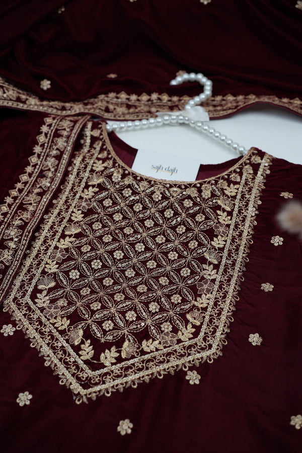 Rozi - Luxury Velvet Outfit with Embroidered Velvet Shawl - {Maroon}