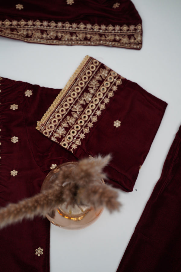 Rozi - Luxury Velvet Outfit with Embroidered Velvet Shawl - {Maroon}