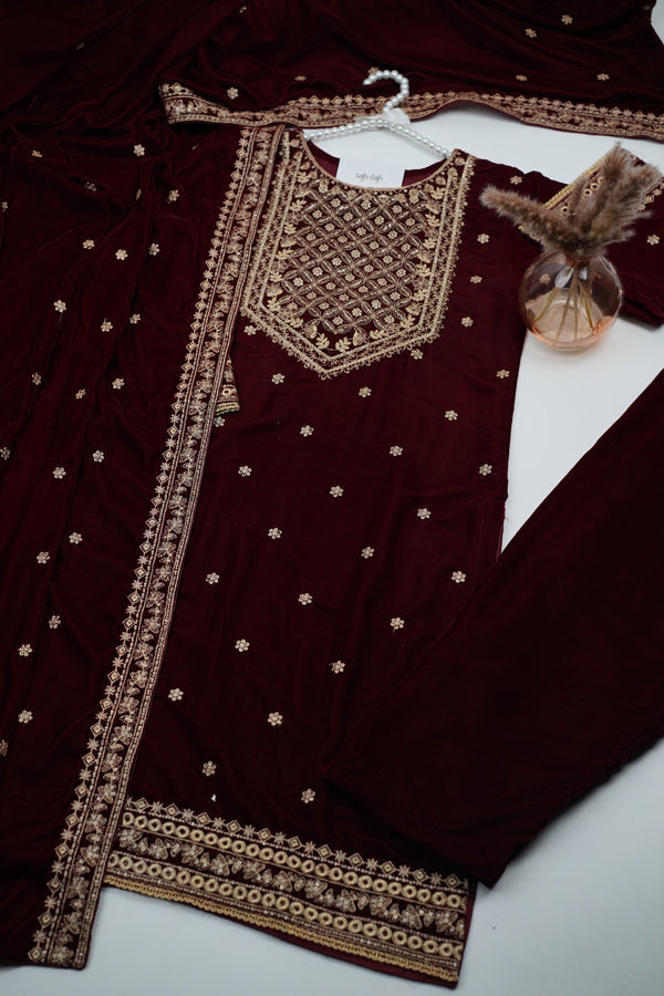 Rozi - Luxury Velvet Outfit with Embroidered Velvet Shawl - {Maroon}