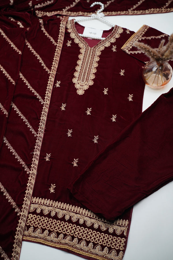 Rozi - Luxury Velvet Outfit with Embroidered Velvet Shawl- {Maroon}