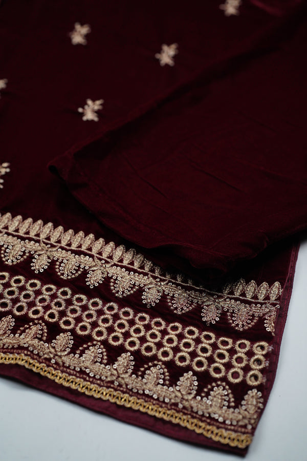 Rozi - Luxury Velvet Outfit with Embroidered Velvet Shawl- {Maroon}