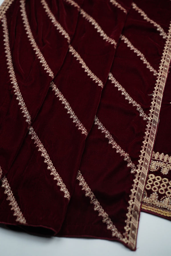 Rozi - Luxury Velvet Outfit with Embroidered Velvet Shawl- {Maroon}