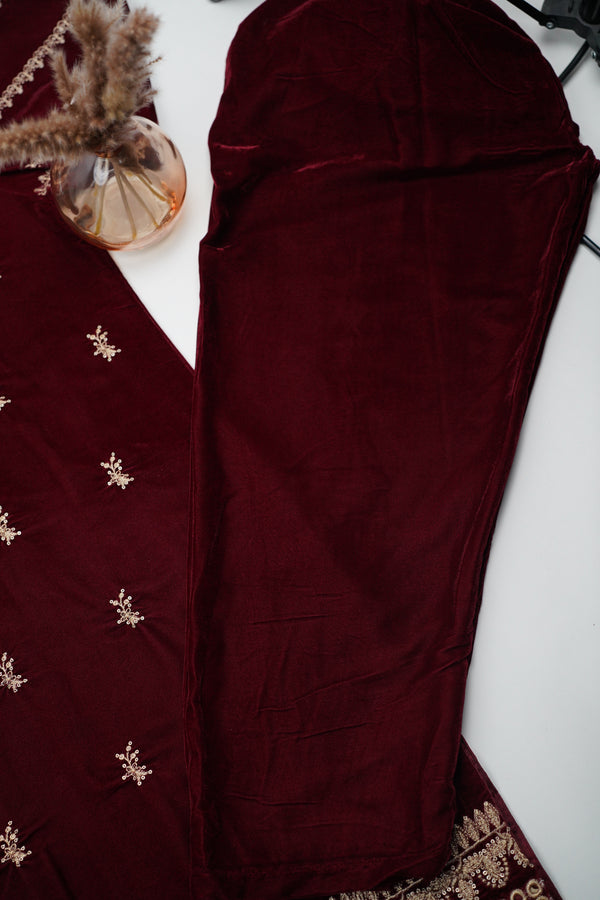 Rozi - Luxury Velvet Outfit with Embroidered Velvet Shawl- {Maroon}