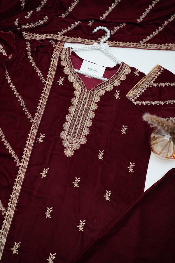 Rozi - Luxury Velvet Outfit with Embroidered Velvet Shawl- {Maroon}