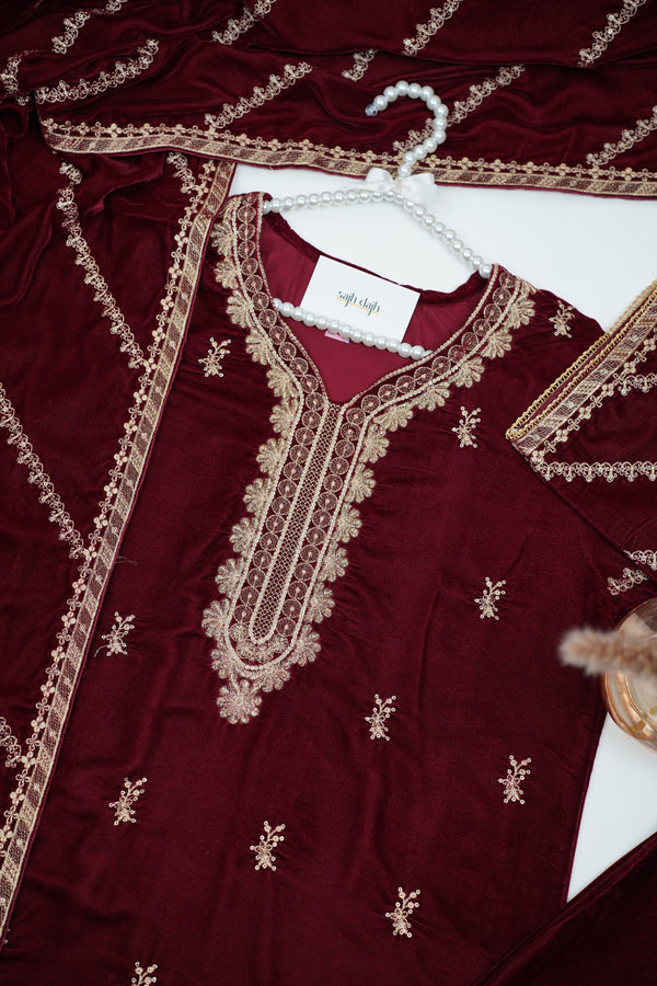 Rozi - Luxury Velvet Outfit with Embroidered Velvet Shawl- {Maroon}