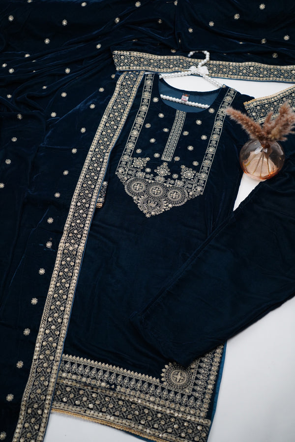 Rozi - Luxury Velvet Outfit with Embroidered Velvet Shawl - {Zinc}