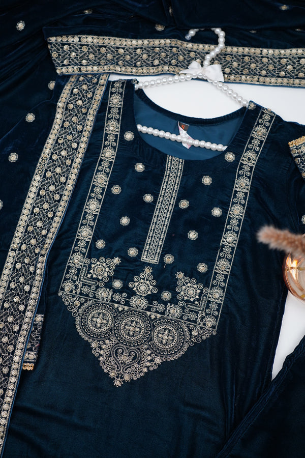 Rozi - Luxury Velvet Outfit with Embroidered Velvet Shawl - {Zinc}