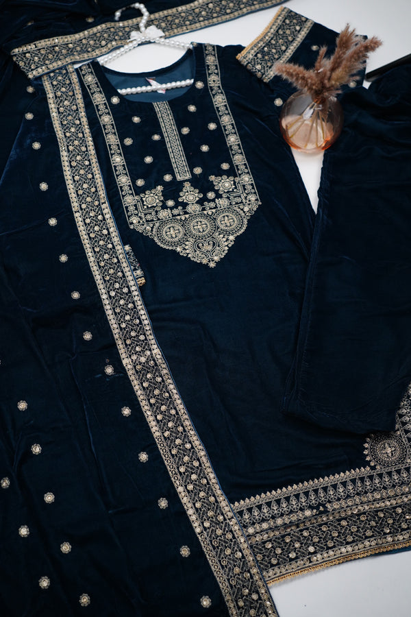 Rozi - Luxury Velvet Outfit with Embroidered Velvet Shawl - {Zinc}