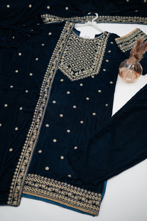 Rozi - Luxury Velvet Outfit with Embroidered Velvet Shawl - {Teal}