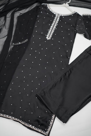 Khaas - Luxury Shamoz Silk Outfit with Chiffon Dupatta - Hand Embroidered - Ready to Wear - Eid25 - KHV1D3