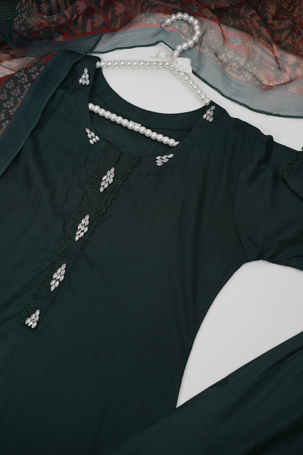 Budget Wear - Linen Printed Suit with Chiffon Dupatta  Green- Ready to Wear - No Refund No Exchange - Final Sale Item