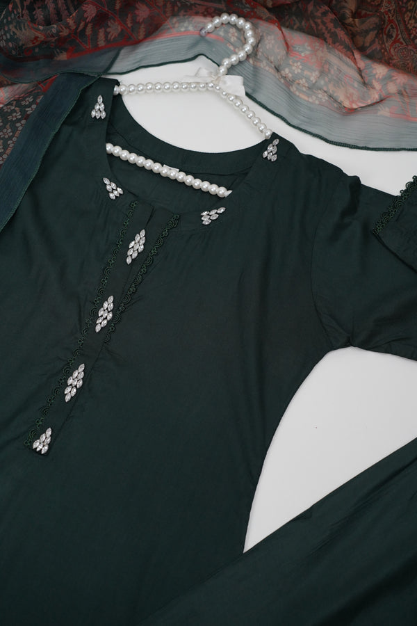 Budget Wear - Linen Printed Suit with Chiffon Dupatta  Green- Ready to Wear - No Refund No Exchange - Final Sale Item