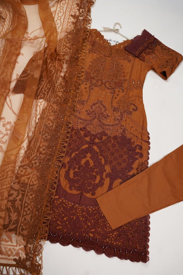 Maria B Inspired-Luxury Embroidered  cotton Lawn Outfit with Net Dupatta - Ready to Wear   PD077