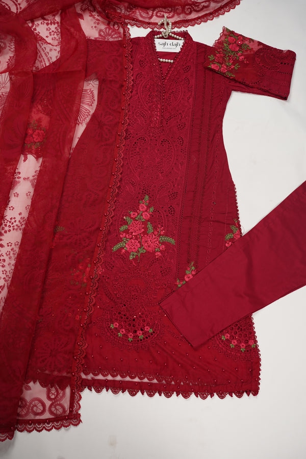 Maria B Inspired-Luxury Embroidered  cotton Lawn Outfit with Net Dupatta - Ready to Wear   PD079
