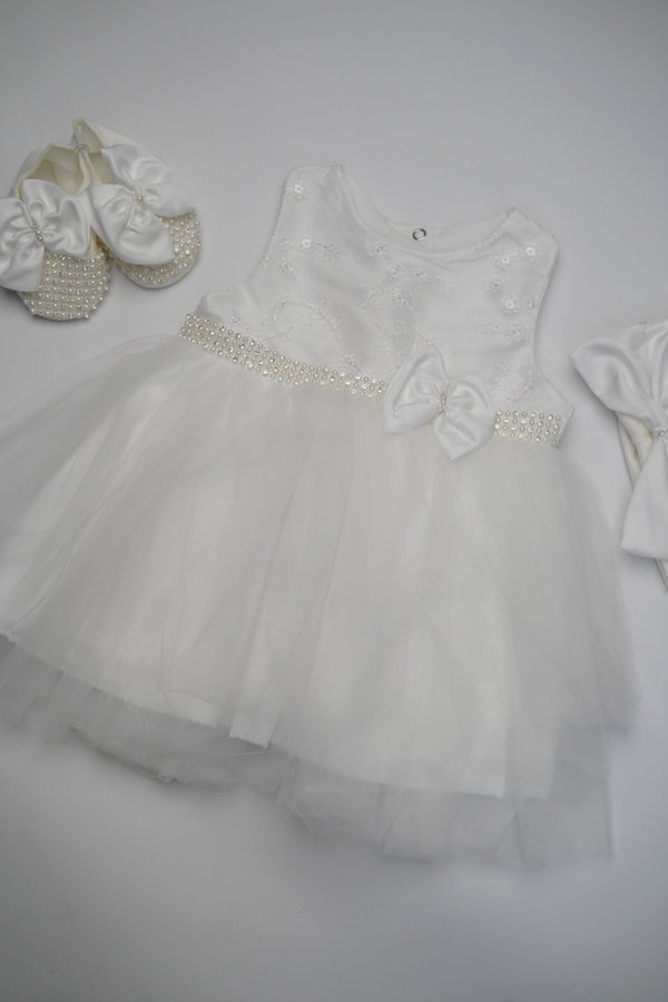 Formal White Embroidered Dress with Band and Shoes (New Born to 12 Months)  B001