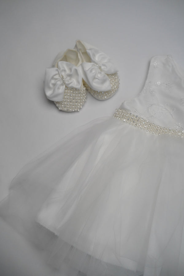 Formal White Embroidered Dress with Band and Shoes (New Born to 12 Months)  B001