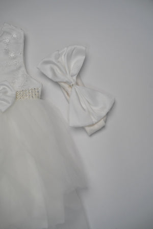 Formal White Embroidered Dress with Band and Shoes (New Born to 12 Months)  B001