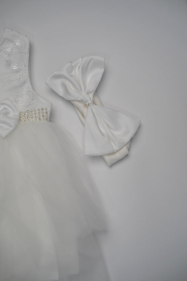 Formal White Embroidered Dress with Band and Shoes (New Born to 12 Months)  B001