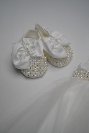 Formal White Embroidered Dress with Band and Shoes (New Born to 12 Months)  B001