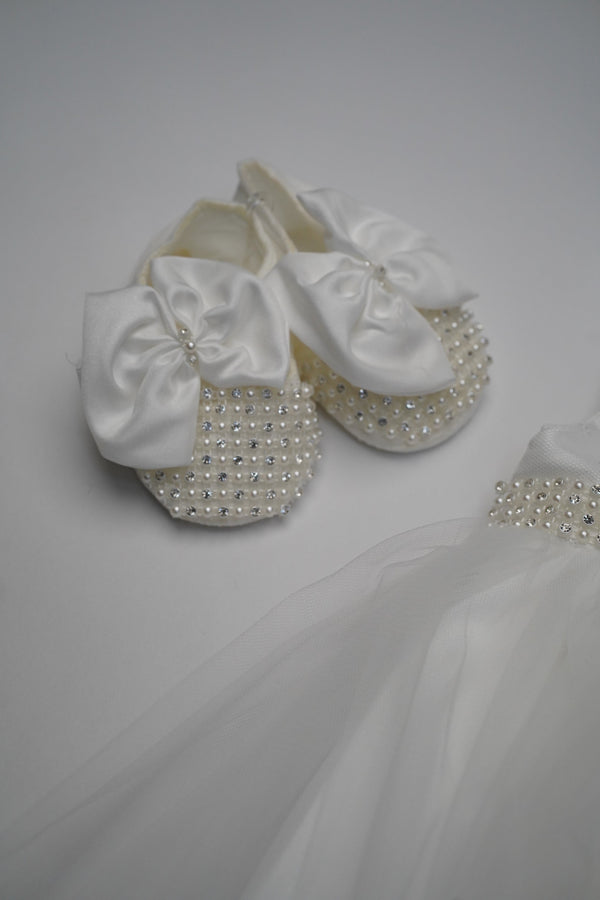 Formal White Embroidered Dress with Band and Shoes (New Born to 12 Months)  B001