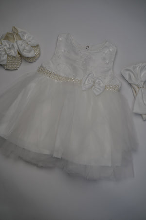 Formal White Embroidered Dress with Band and Shoes (New Born to 12 Months)  B001