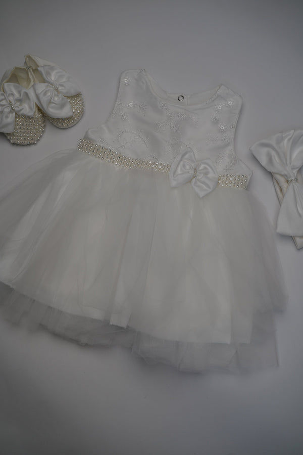 Formal White Embroidered Dress with Band and Shoes (New Born to 12 Months)  B001