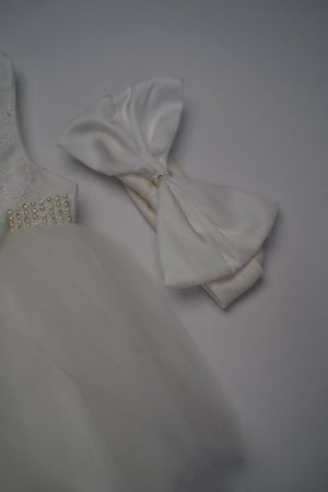 Formal White Embroidered Dress with Band and Shoes (New Born to 12 Months)  B001