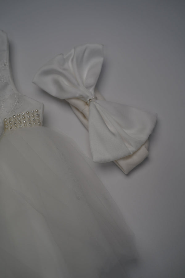 Formal White Embroidered Dress with Band and Shoes (New Born to 12 Months)  B001