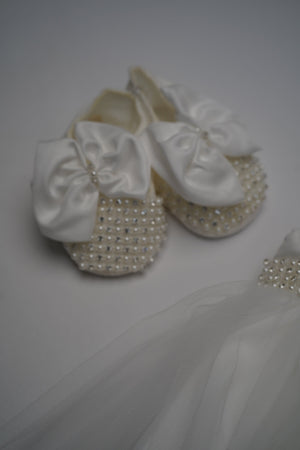 Formal White Embroidered Dress with Band and Shoes (New Born to 12 Months)  B001